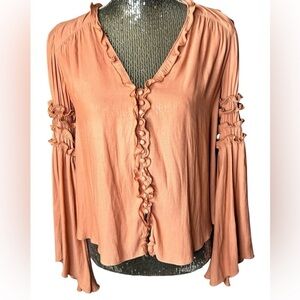 Free People Blouse Ruffle Button Sleeve Size X-Small Blousey Semi Sheer